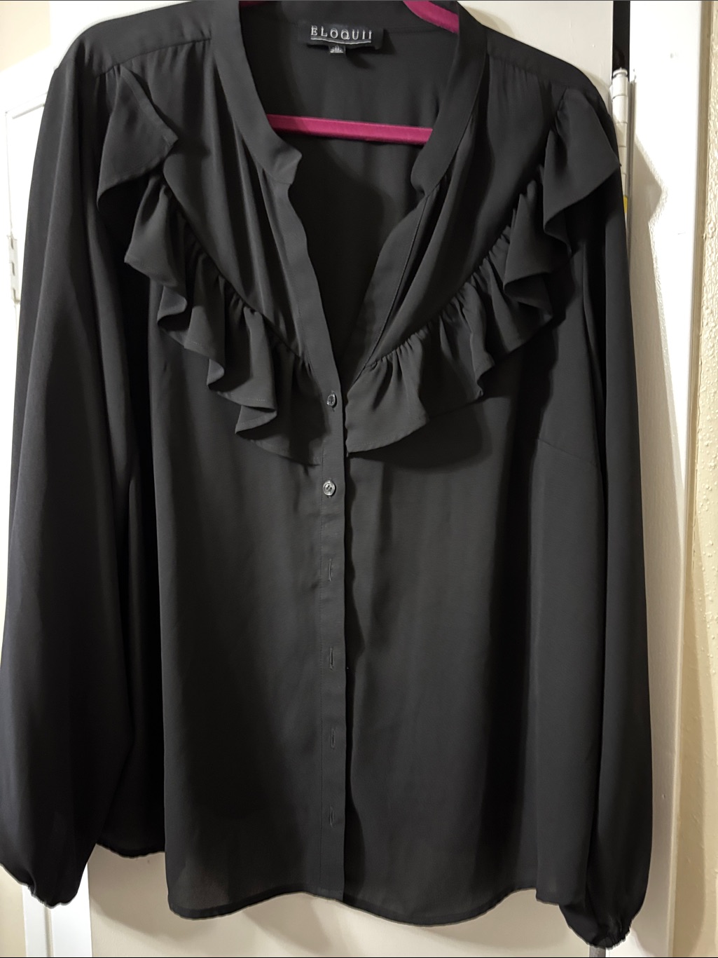 Eloquii Black Ruffle V-Neck Button Front Blouse